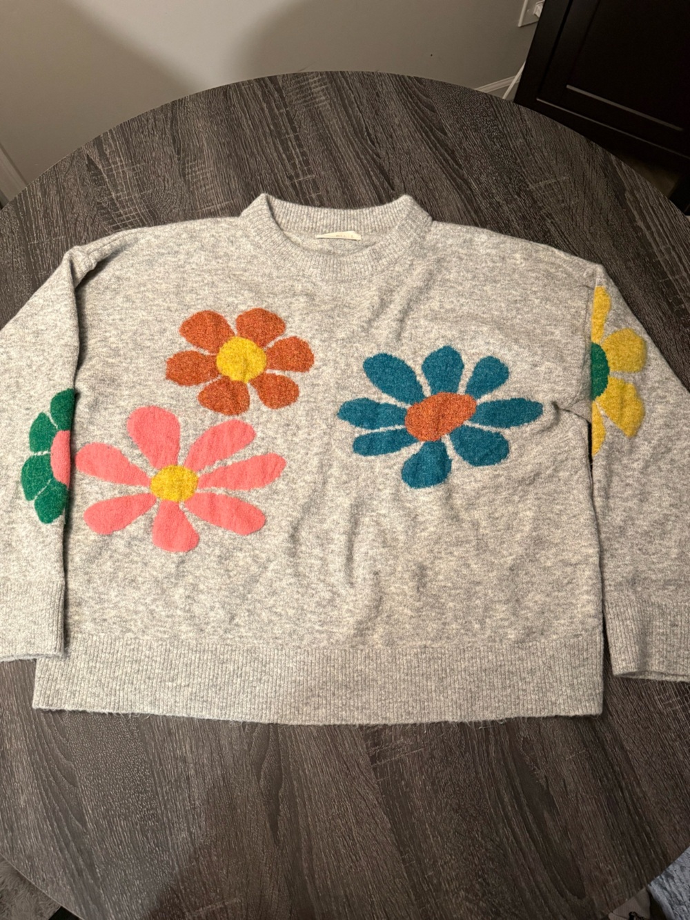 Natural Life Gray Daisy Floral Intarsia Knit Pullover Sweater Size Large Boho